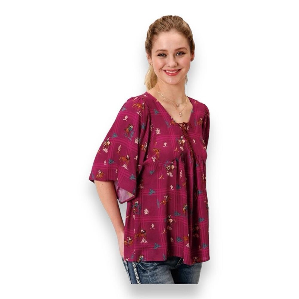 Roper Women's Peasant Blouse, Western Print with Leather Lace Neckline‎
